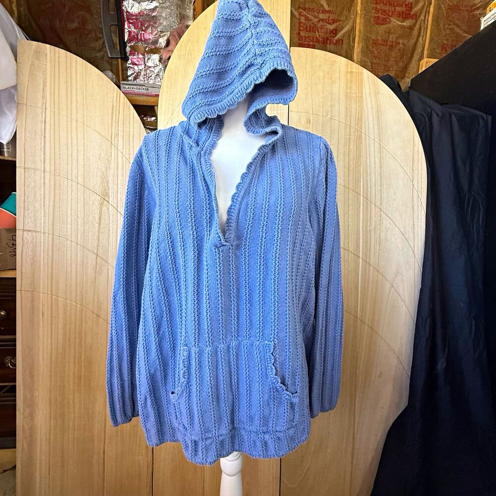 Vintage Y2K Slate Blue Knit Hoodie Sweater Womens 2X Grandmacore